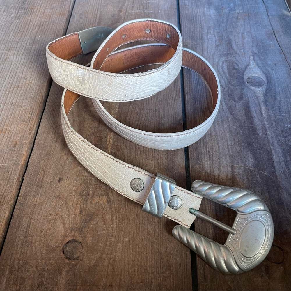 Vintage White Leather Belt German Silver Buckle & Tip, Size S / XS